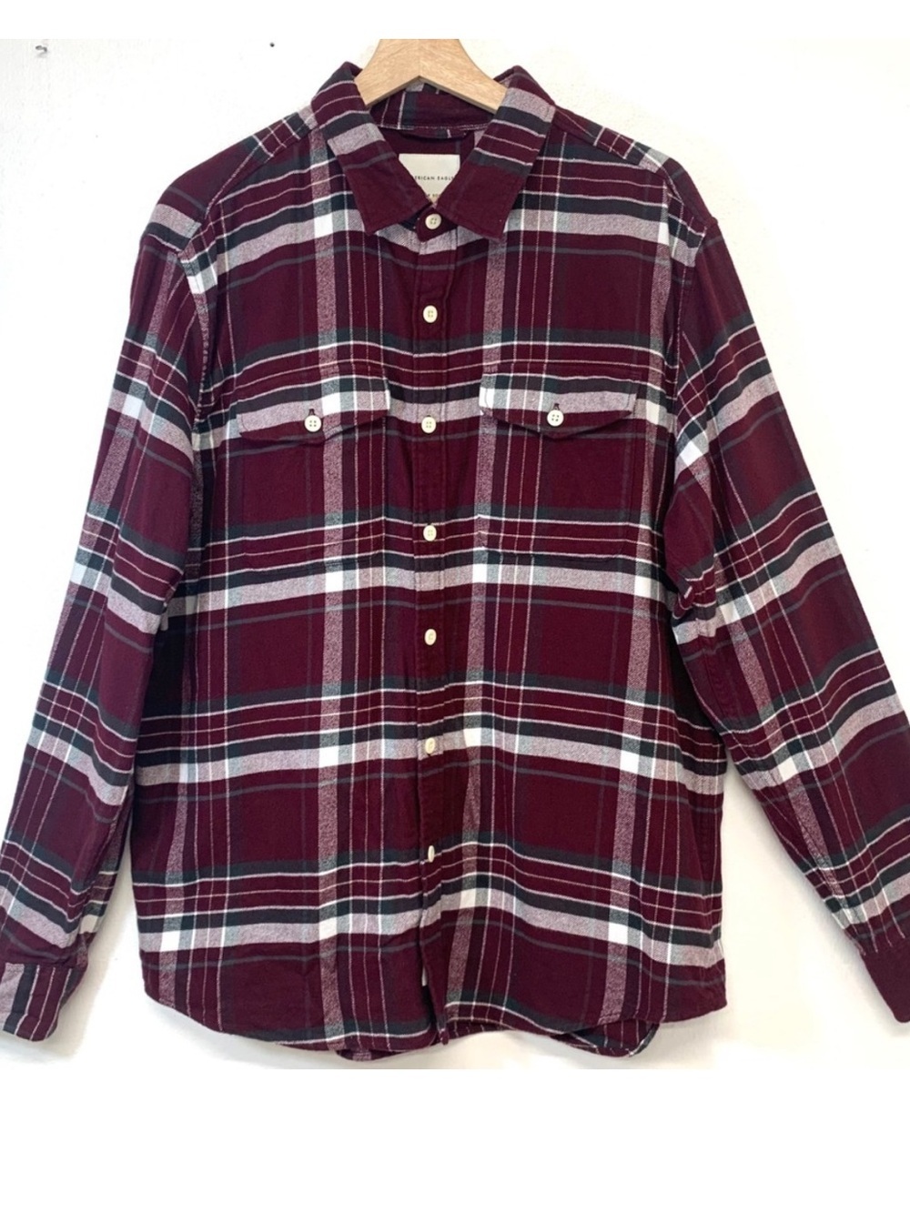 American Eagle Outfitters Burgundy and White Plaid Jean-Style Jacket size xl